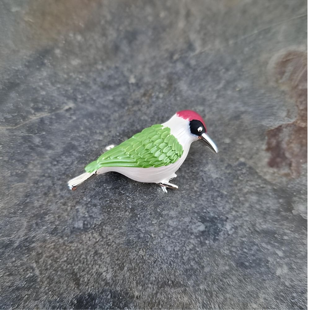 Green Woodpecker Multi Enamel Silver Tone Bird Brooch