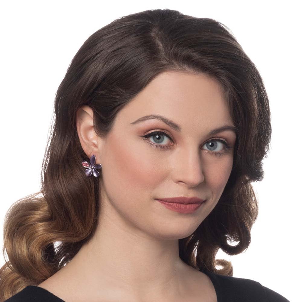 Bouquet Purple Enamel and Crystal Silver Tone Stud Pierced Earrings