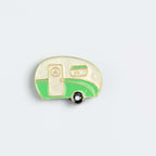 Happy Camper Green and White Enamel Vintage Caravan Lapel Pin Brooch