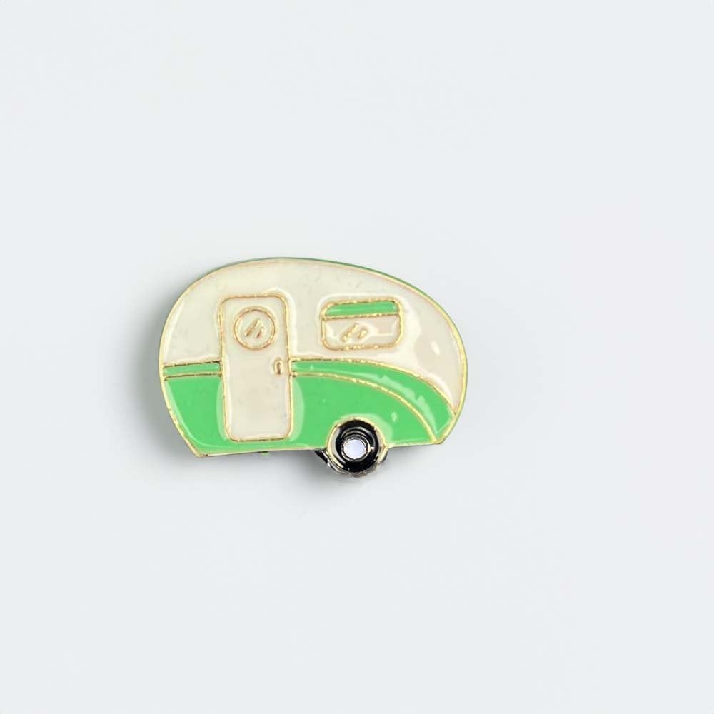 Happy Camper Green and White Enamel Vintage Caravan Lapel Pin Brooch