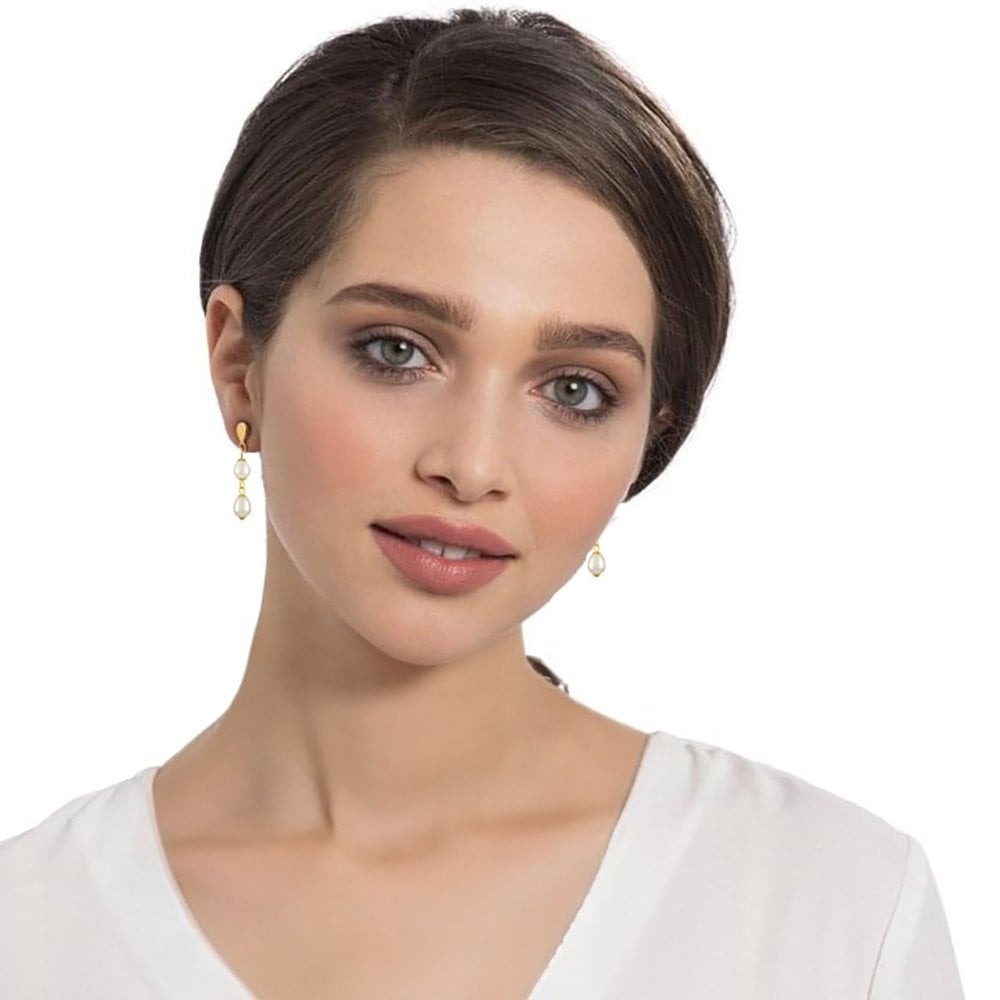 Enchanting AAA White Freshwater Pearl Gold Tone Drop Pierced Earrings