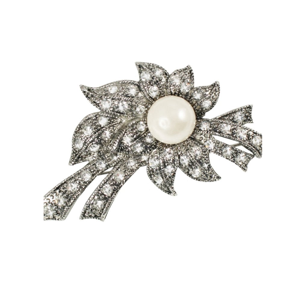 Posy Faux Pearl and Crystal Silver Tone Brooch