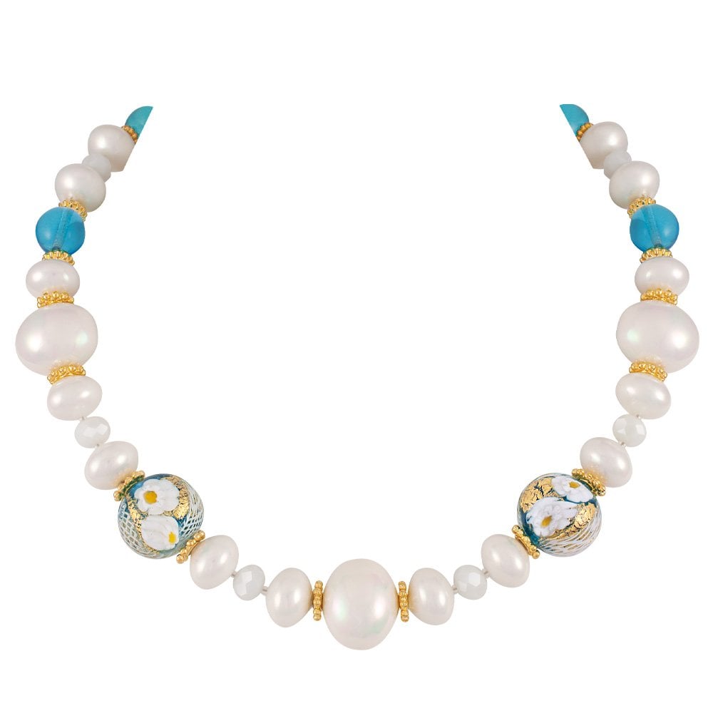 Ferrara Aqua Murano Glass and White Shell Pearl Gold Tone Statement Necklace