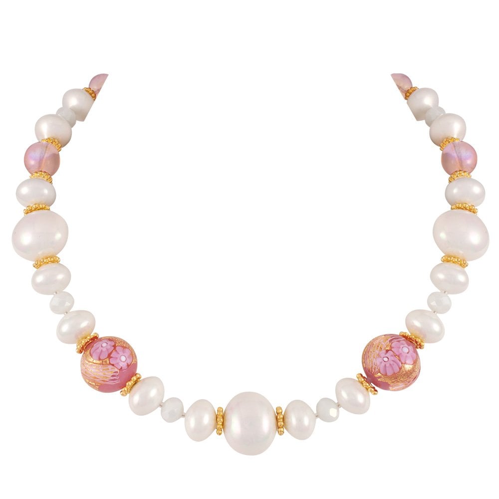 Ferrara Rose Pink Murano Glass and White Shell Pearl Gold Tone Statement Necklace