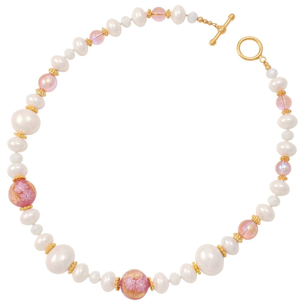 Ferrara Rose Pink Murano Glass and White Shell Pearl Gold Tone Statement Necklace
