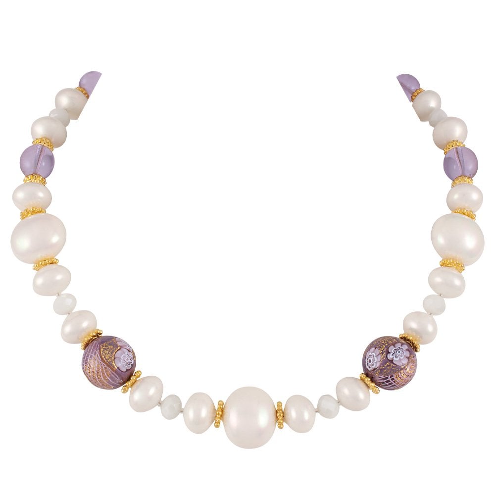 Ferrara Purple Murano Glass and White Shell Pearl Gold Tone Statement Necklace