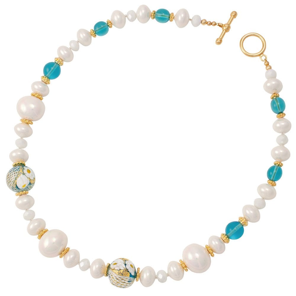 Ferrara Aqua Murano Glass and White Shell Pearl Gold Tone Statement Necklace