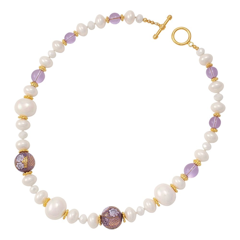 Ferrara Purple Murano Glass and White Shell Pearl Gold Tone Statement Necklace
