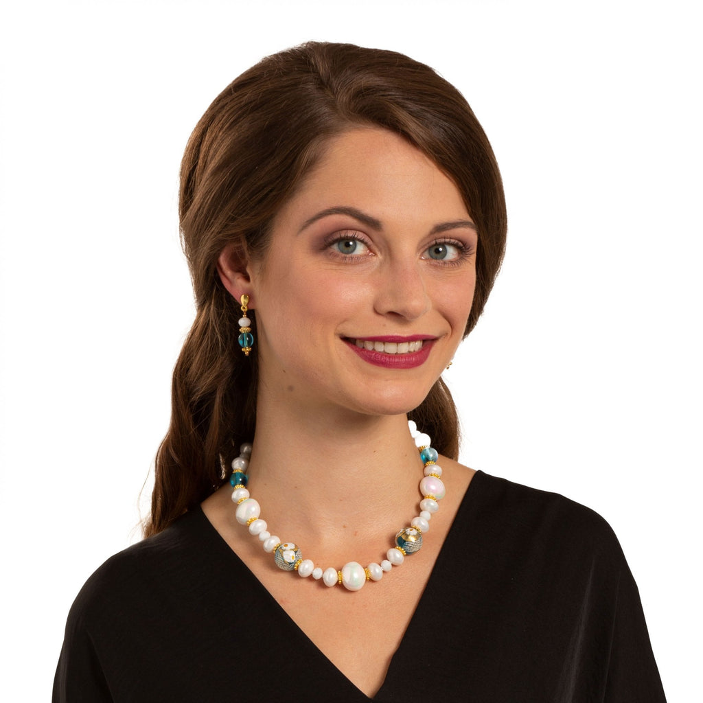 Ferrara Aqua Murano Glass and White Crystal Gold Tone Drop Pierced Earrings