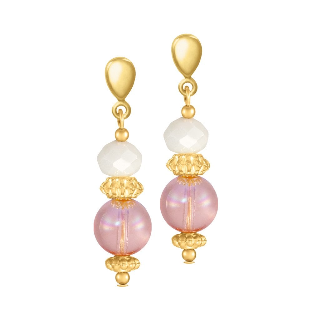 Ferrara Rose Pink Murano Glass and White Crystal Gold Tone Drop Pierced Earrings