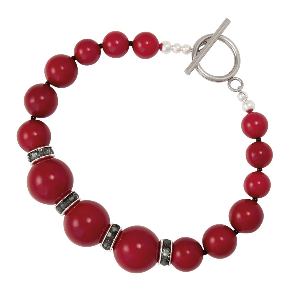 Red Velvet Shell Pearl Silver Tone Beaded Bracelet