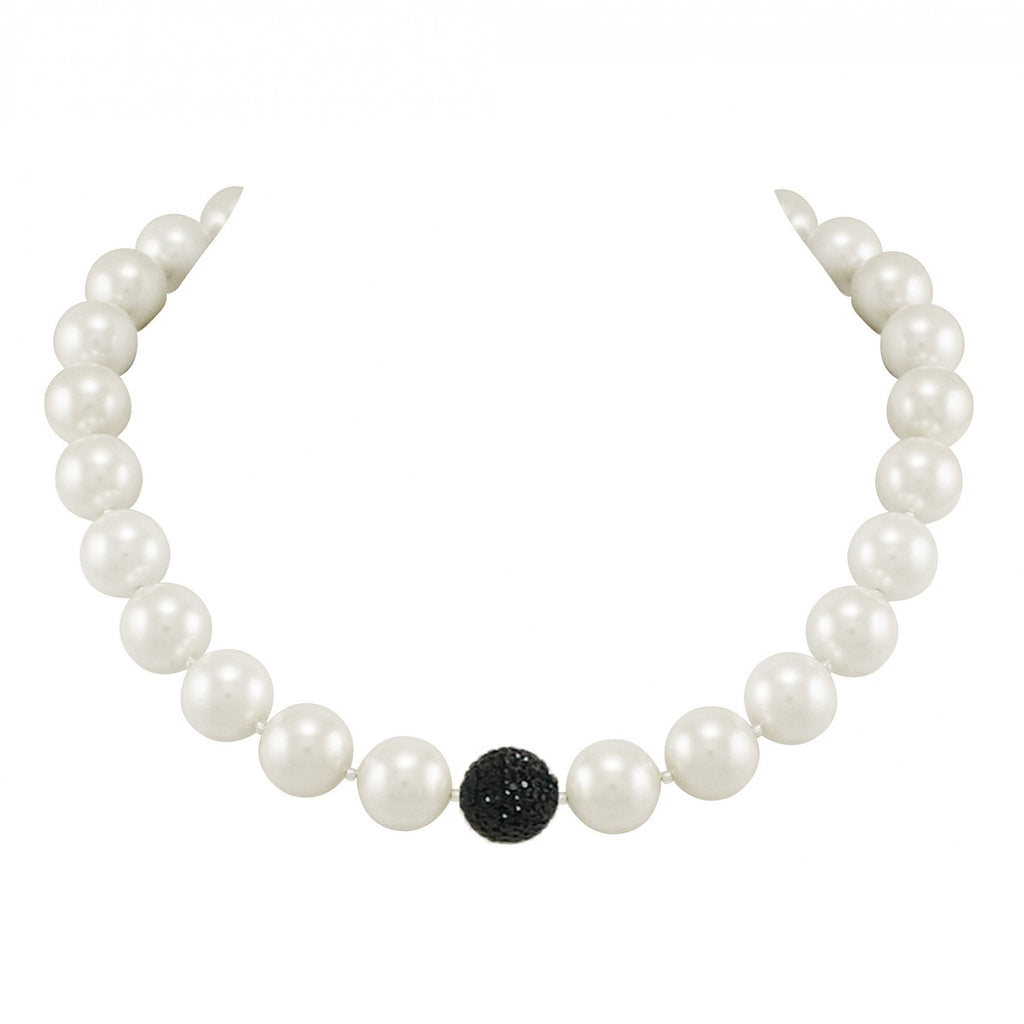 La Perla White Shell Pearl and Jet Black Shamballa Bead Necklace