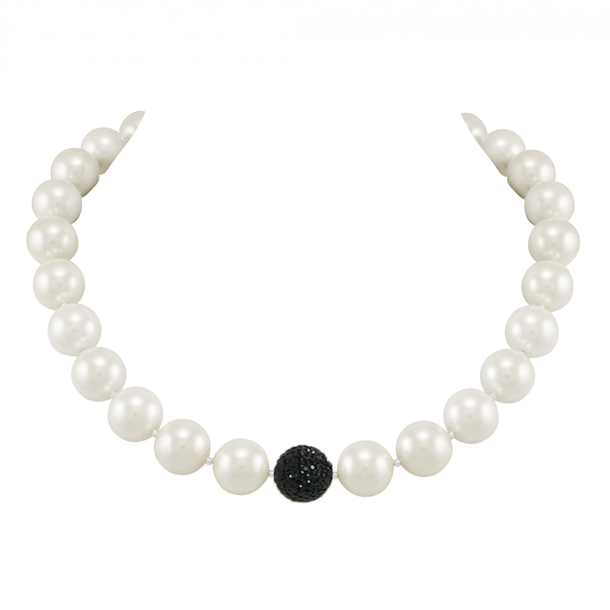 La Perla White Shell Pearl and Jet Black Shamballa Bead Necklace