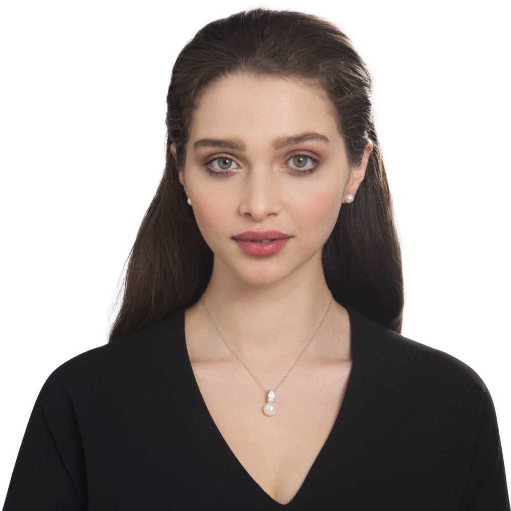 Clair de Lune Freshwater Pearl and CZ Sterling Silver Pendant Necklace