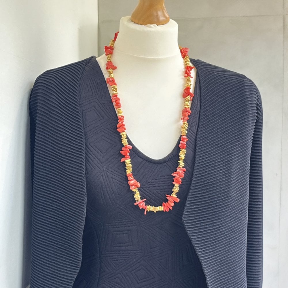 Oro Coral Semi-Precious 24ct Gold Vermeil Long Beaded Necklace