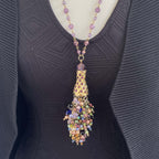Cornucopia Multi Coloured Austrian Crystal and Pearl Statement Tassel Necklace