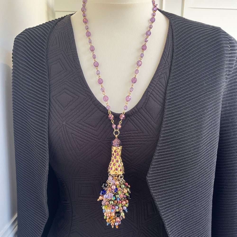 Cornucopia Multi Coloured Austrian Crystal and Pearl Statement Tassel Necklace