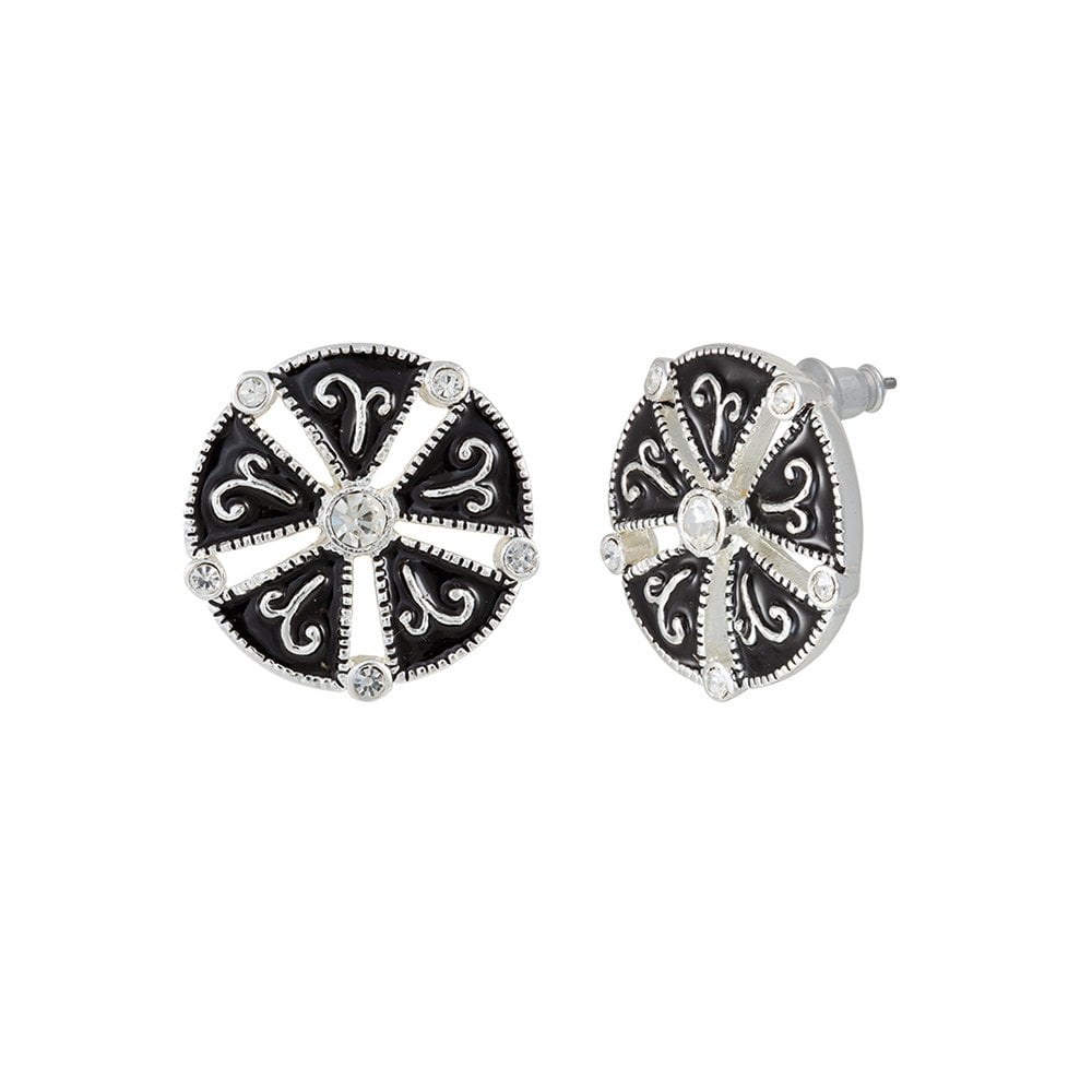 Excelsia Black Enamel and Austrian Crystal Silver Tone Stud Pierced Earrings