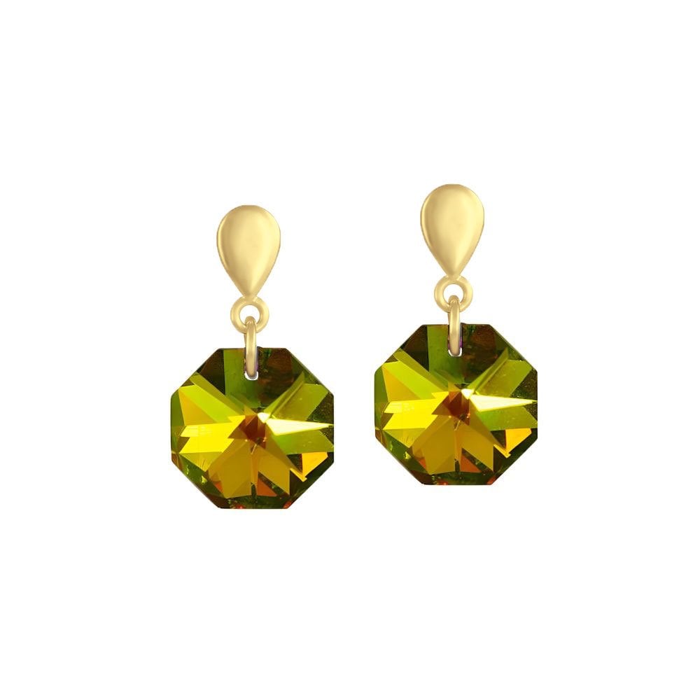 Octagon Preciosa Circle of Fire Crystal Gold Tone Drop Clip On Earrings