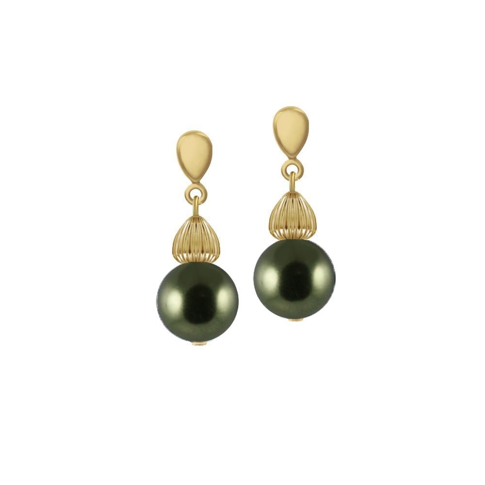 Solitaire Dark Green Pearl Gold Tone Drop Pierced Earrings