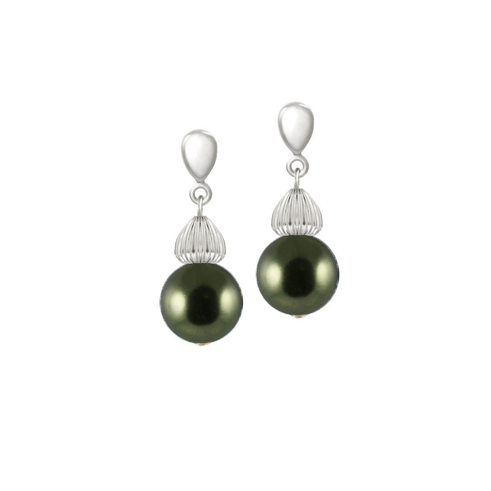 Solitaire Dark Green Pearl Silver Tone Drop Clip On Earrings