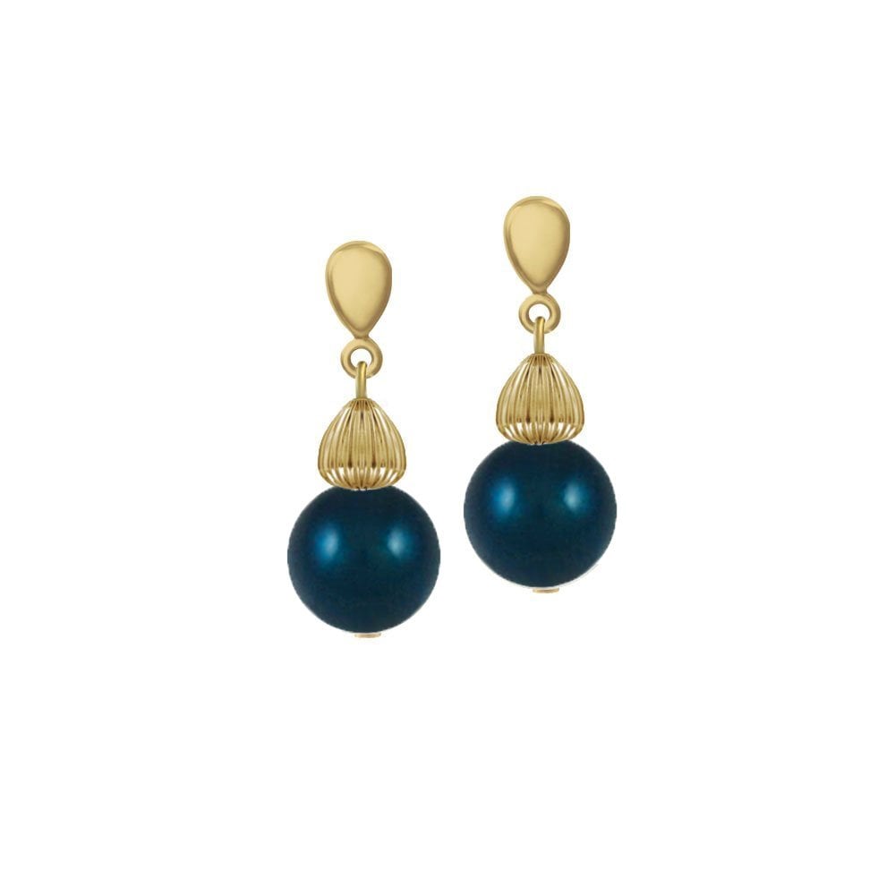 Solitaire Petrol Blue Pearl Gold Tone Drop Pierced Earrings