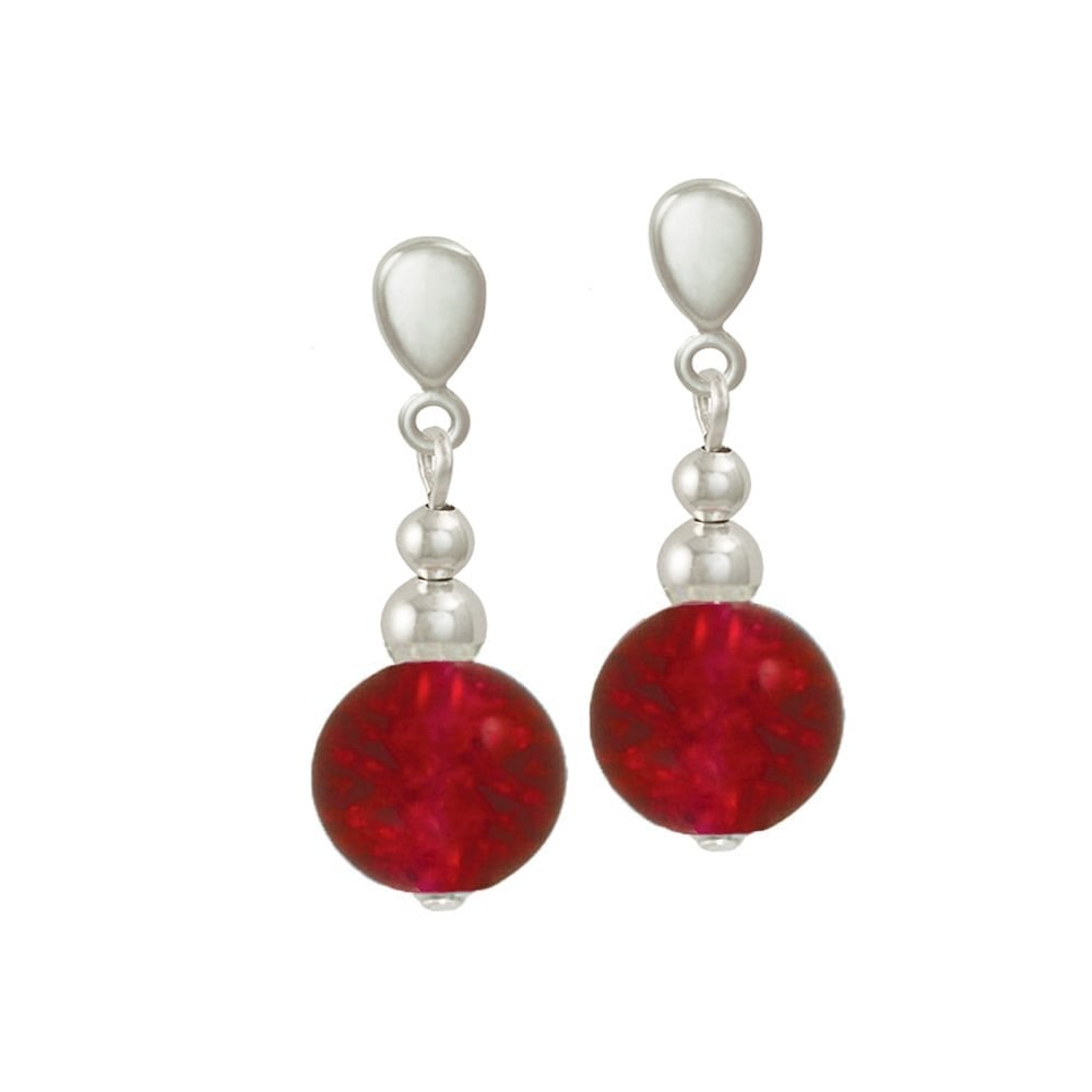 Dominica Siam Red Crackle Bead Silver Tone Drop Clip On Earrings