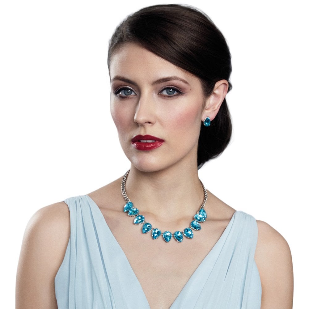 Seduction Teardrop Aquamarine Crystal Silver Tone Fashion Necklace