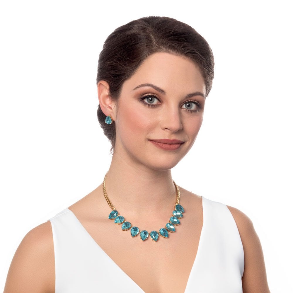 Seduction Teardrop Aquamarine Crystal Gold Tone Fashion Necklace