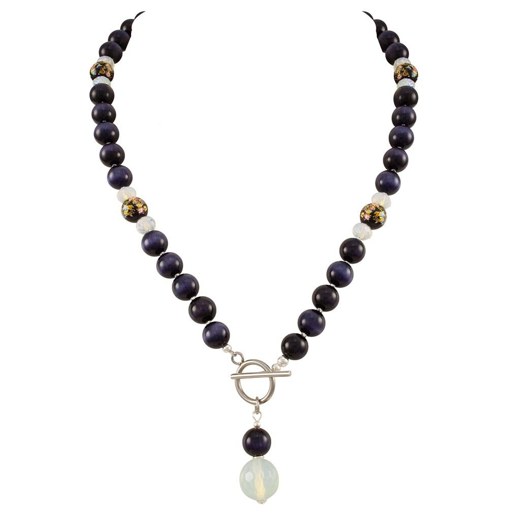 Serene Dark Blue Cats Eye Beaded Silver Tone Toggle Statement Necklace