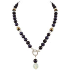 Serene Dark Blue Cats Eye Beaded Silver Tone Toggle Statement Necklace