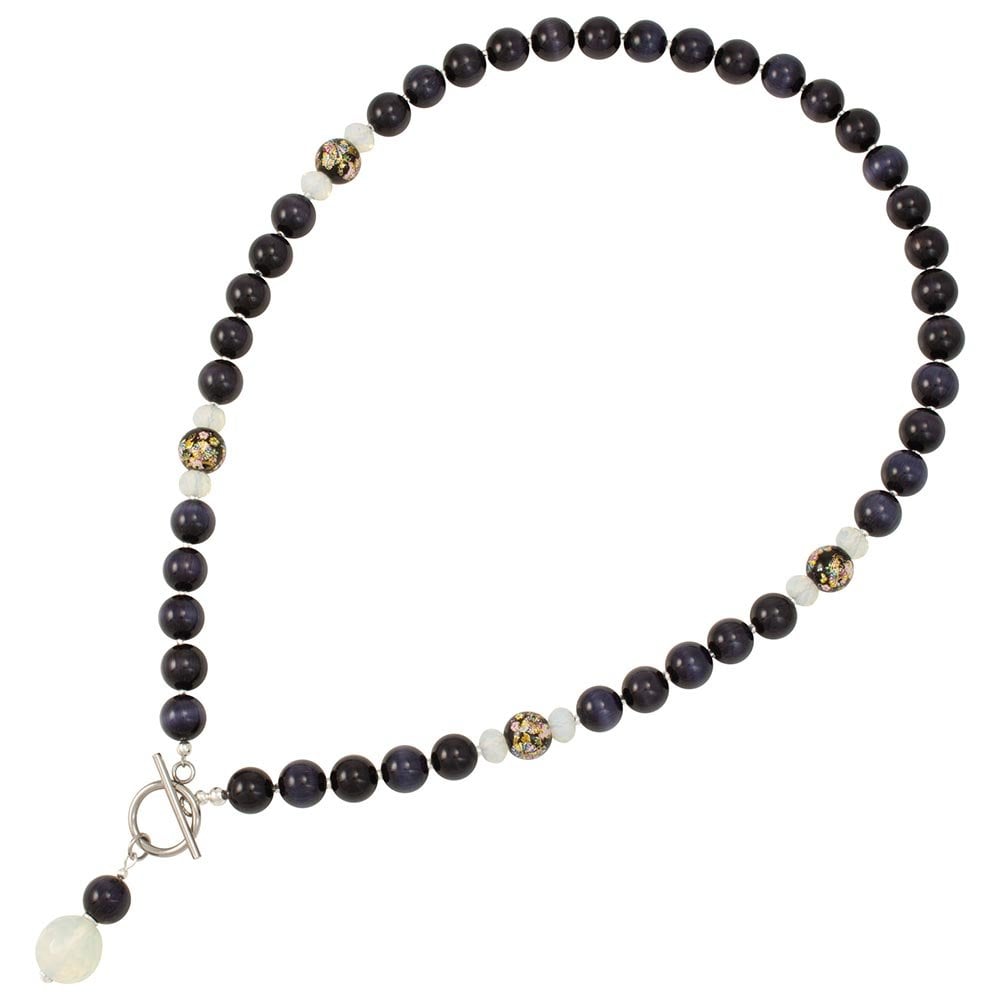 Serene Dark Blue Cats Eye Beaded Silver Tone Toggle Statement Necklace