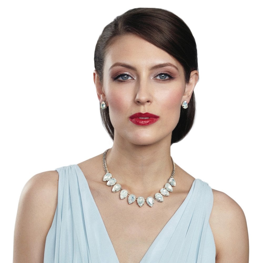 Seduction Teardrop White Opal Crystal Silver Tone Fashion Necklace