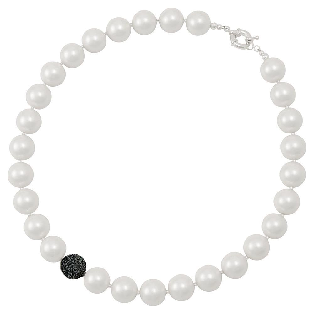 La Perla White Shell Pearl and Jet Black Shamballa Bead Necklace