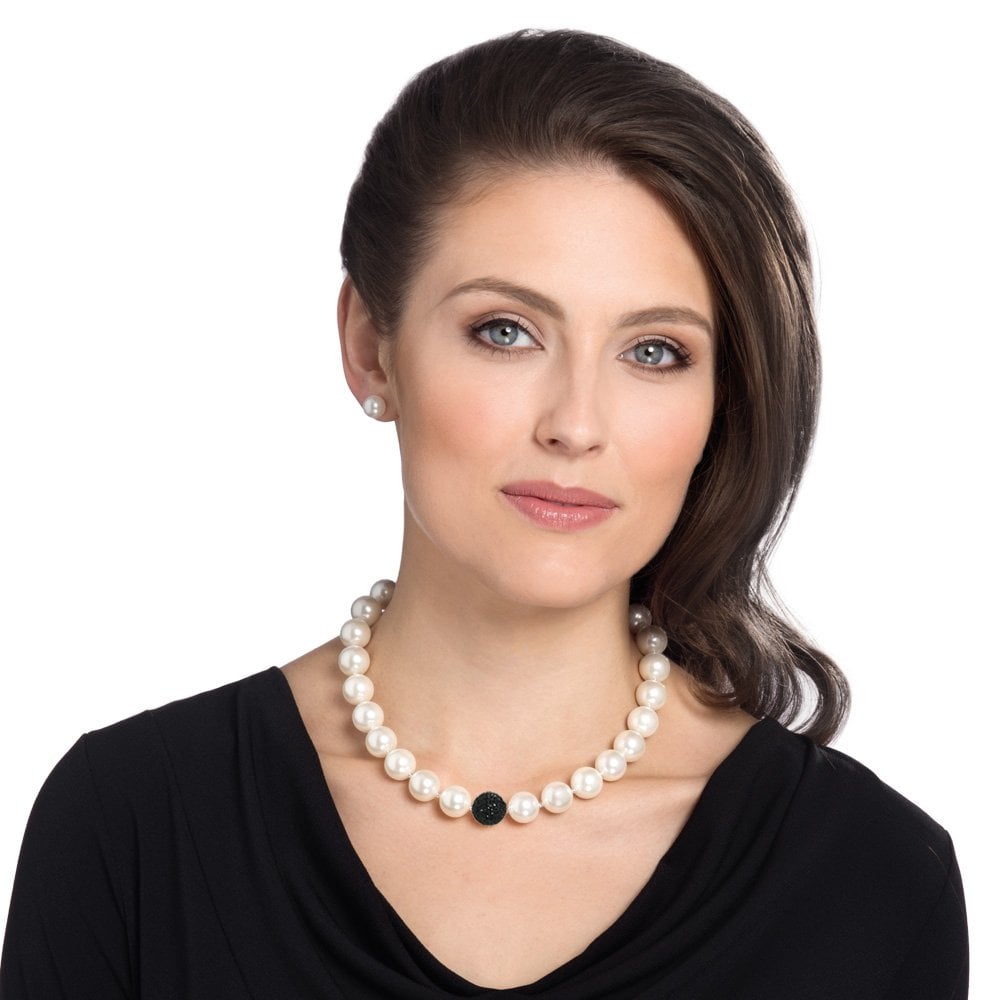 La Perla White Shell Pearl and Jet Black Shamballa Bead Necklace