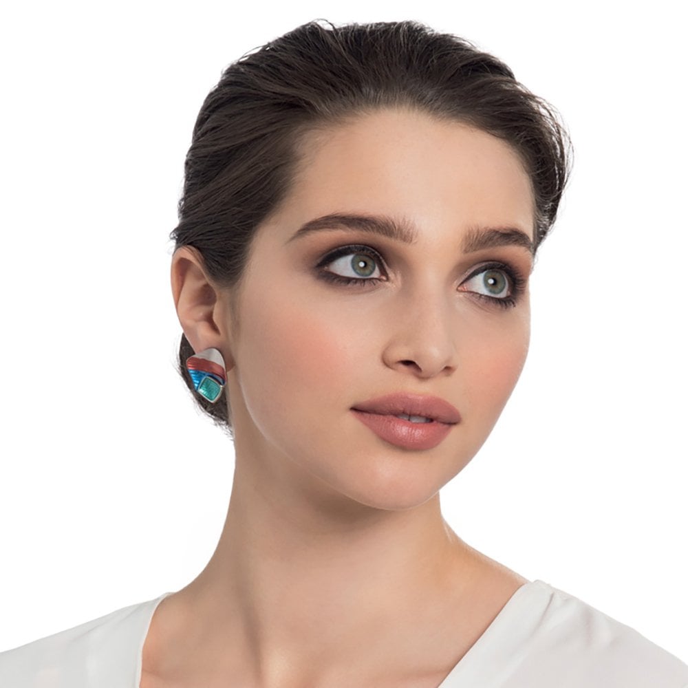 Cavalcade Teal and Red Multi Enamel Silver Tone Stud Pierced Earrings