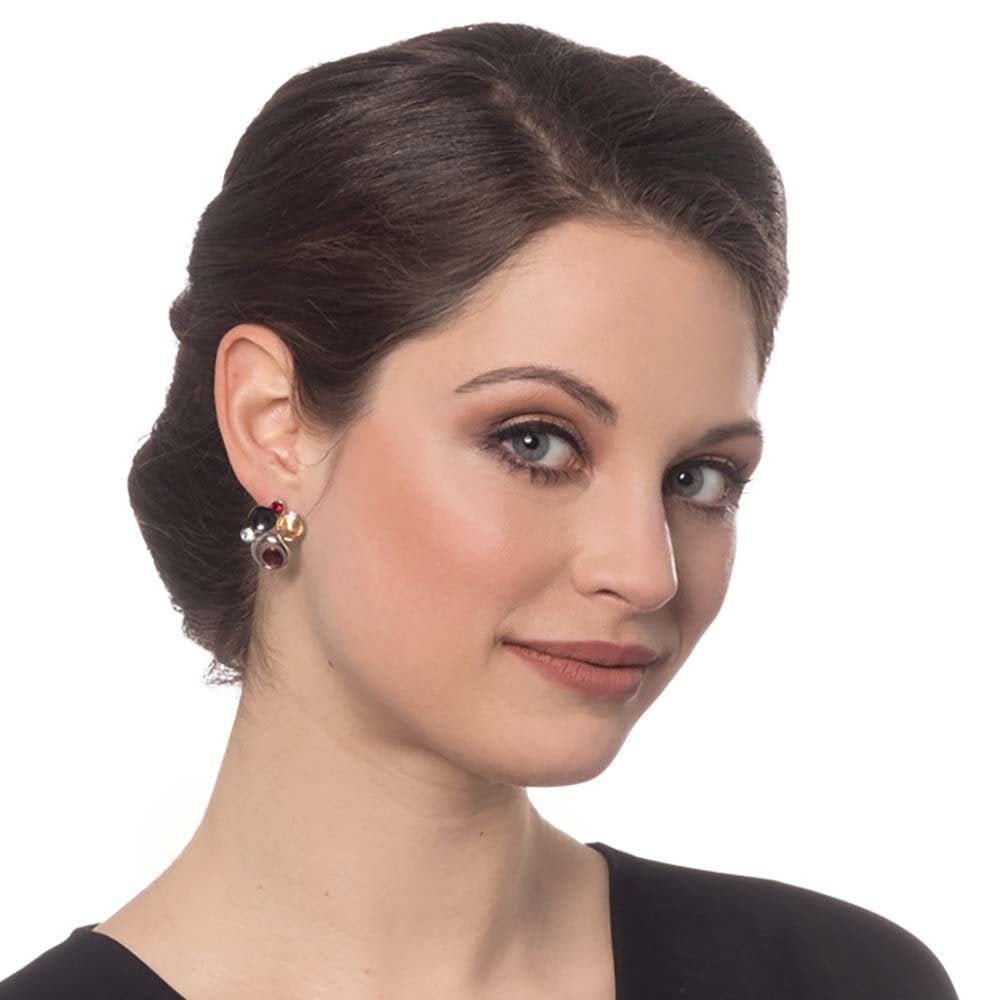 Vivacious Red Multi Enamel and Crystal Silver Tone Stud Pierced Earrings