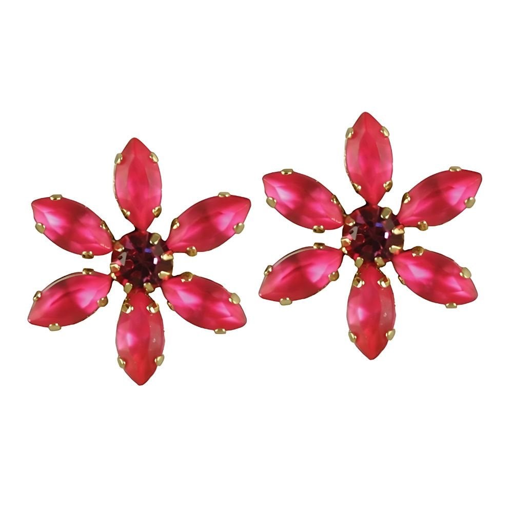 Sentimental Rose Pink Crystal Flower Gold Tone Pierced Earrings