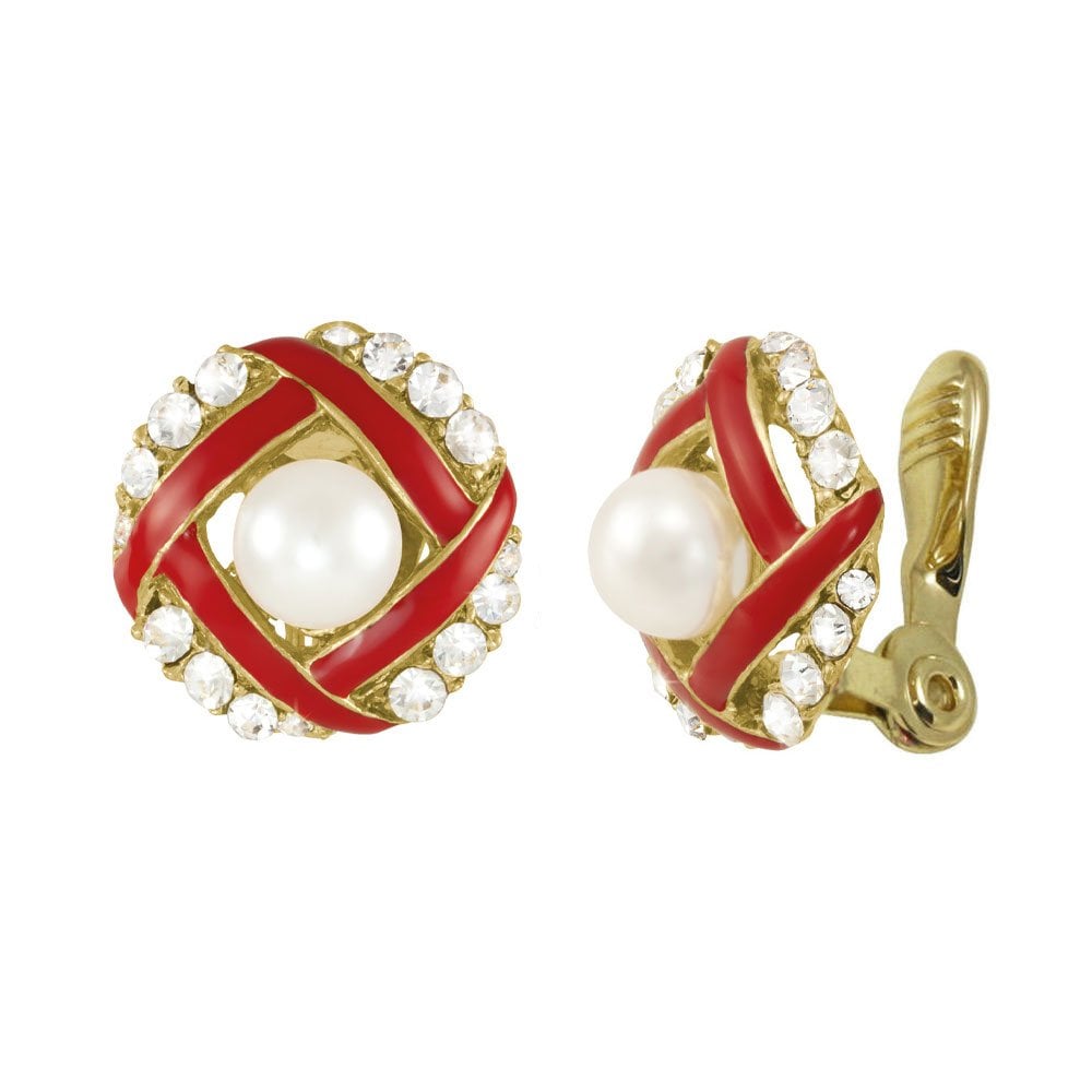 Temptation Red Enamel Self Adjusting Gold Tone Clip On Earrings