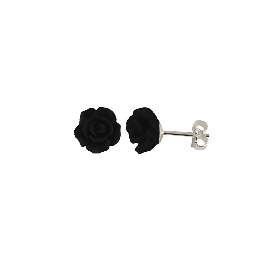 Rosetta Jet Black Flower Silver Stud Pierced Earrings