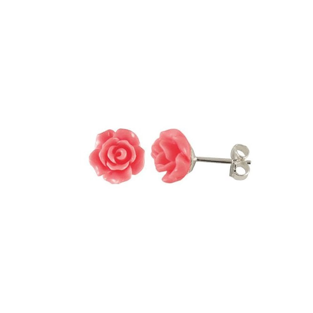 Rosetta Salmon Pink Flower Silver Stud Pierced Earrings