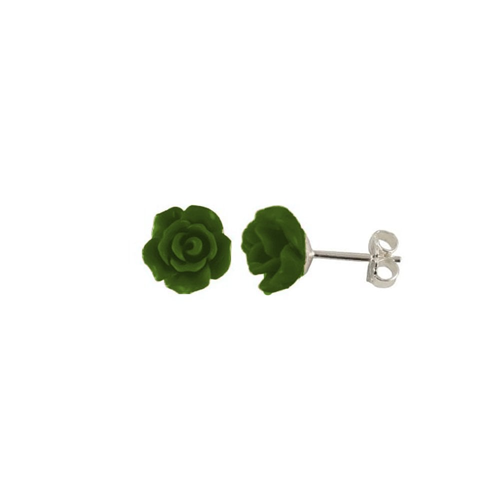 Rosetta Forest Green Flower Silver Stud Pierced Earrings