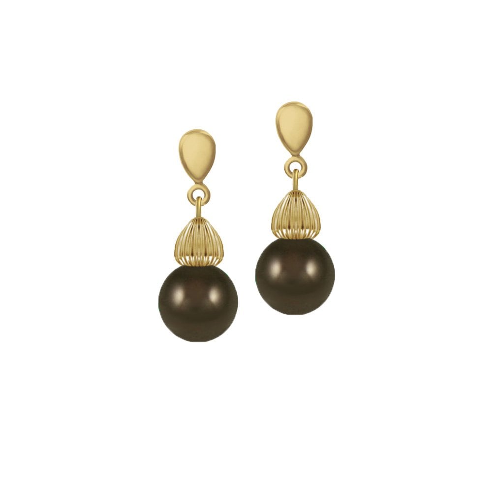 Solitaire Deep Brown Pearl Gold Tone Drop Pierced Earrings
