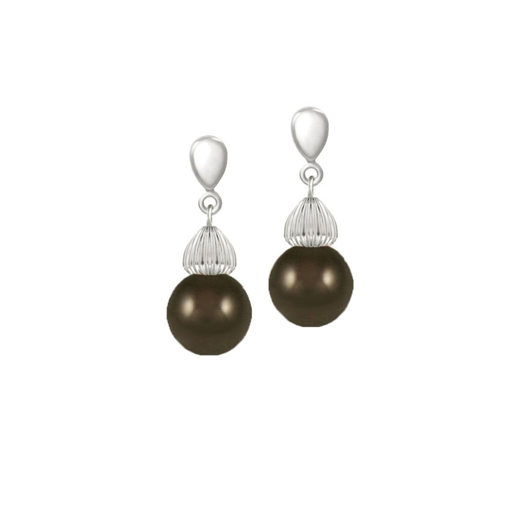 Solitaire Deep Brown Pearl Silver Tone Drop Pierced Earrings