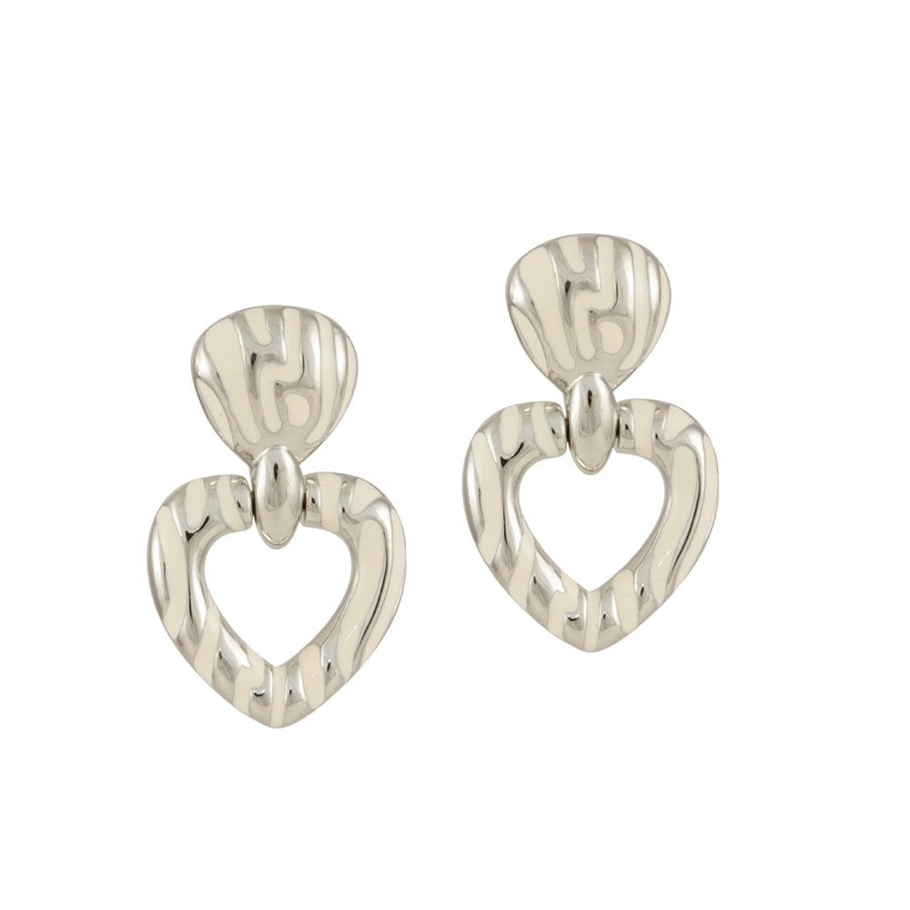 Zebra White Enamel Silver Tone Heart Pierced Earrings