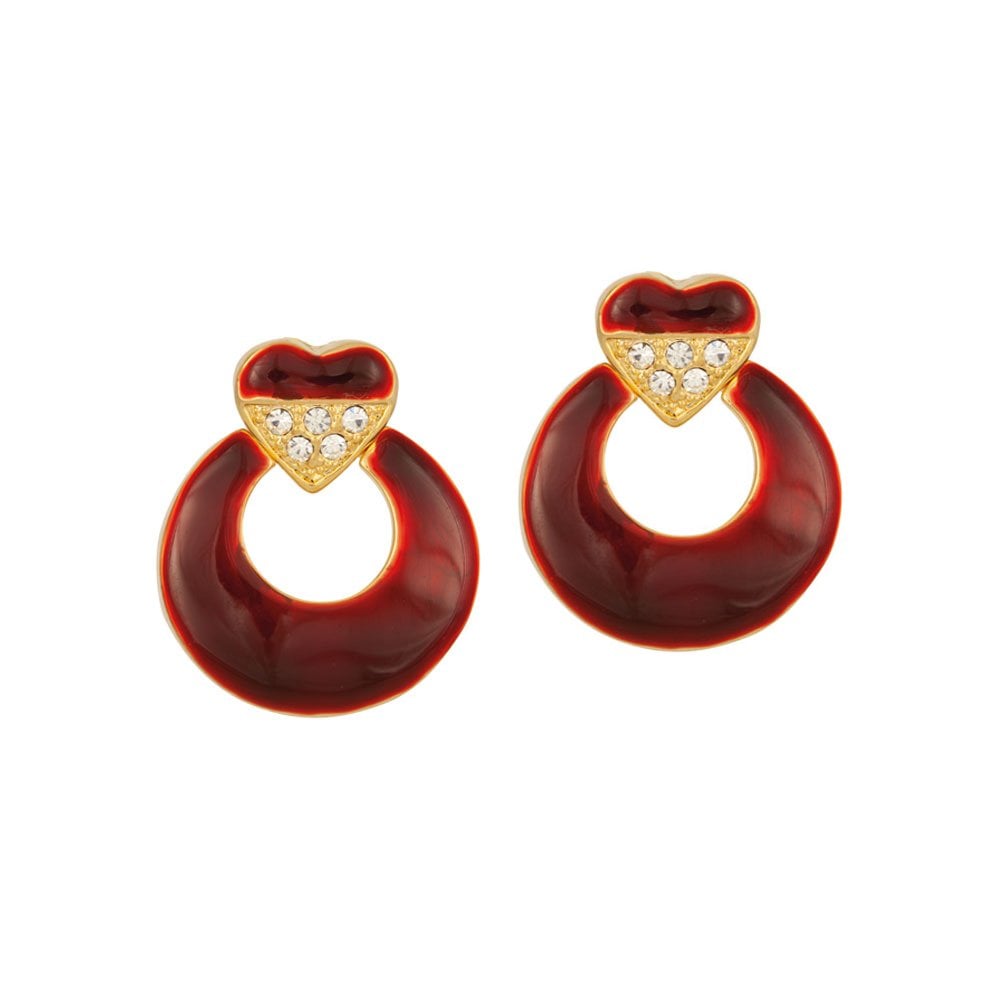 Hearts Red Enamel and Crystal Gold Tone Pierced Earrings