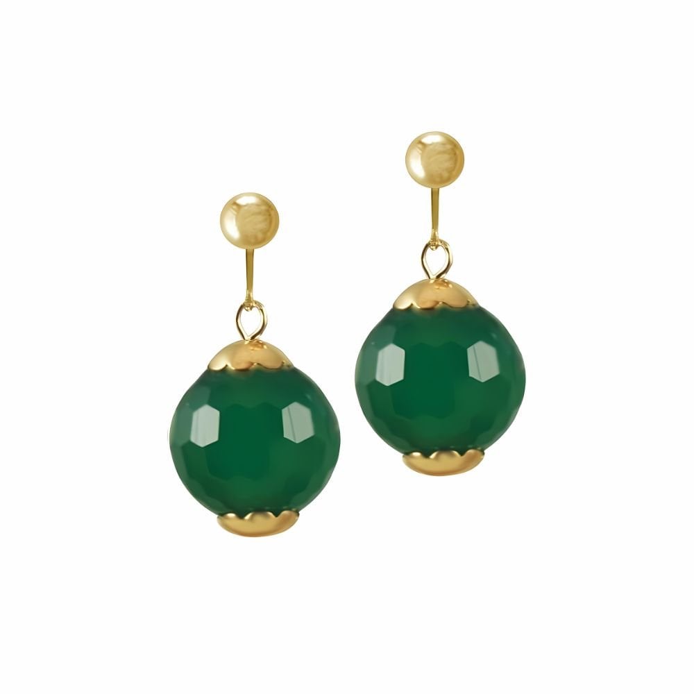 Rotondo Emerald Jade Gemstone Gold Tone Drop Clip On Earrings