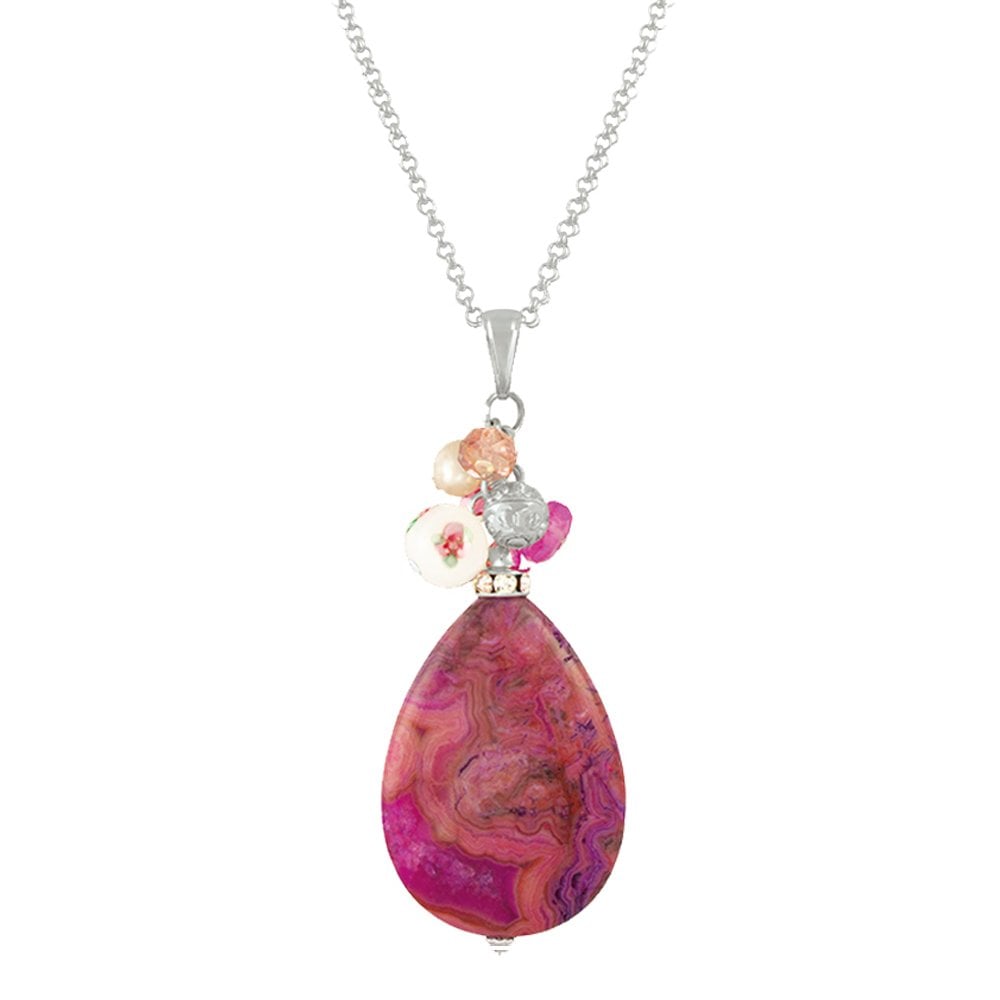 Naturelle Fuchsia Pink Crazy Lace Agate Cluster Silver Tone Pendant