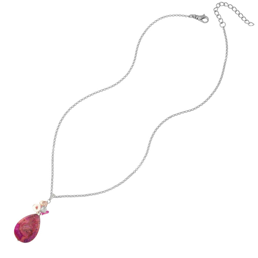 Naturelle Fuchsia Pink Crazy Lace Agate Cluster Silver Tone Pendant