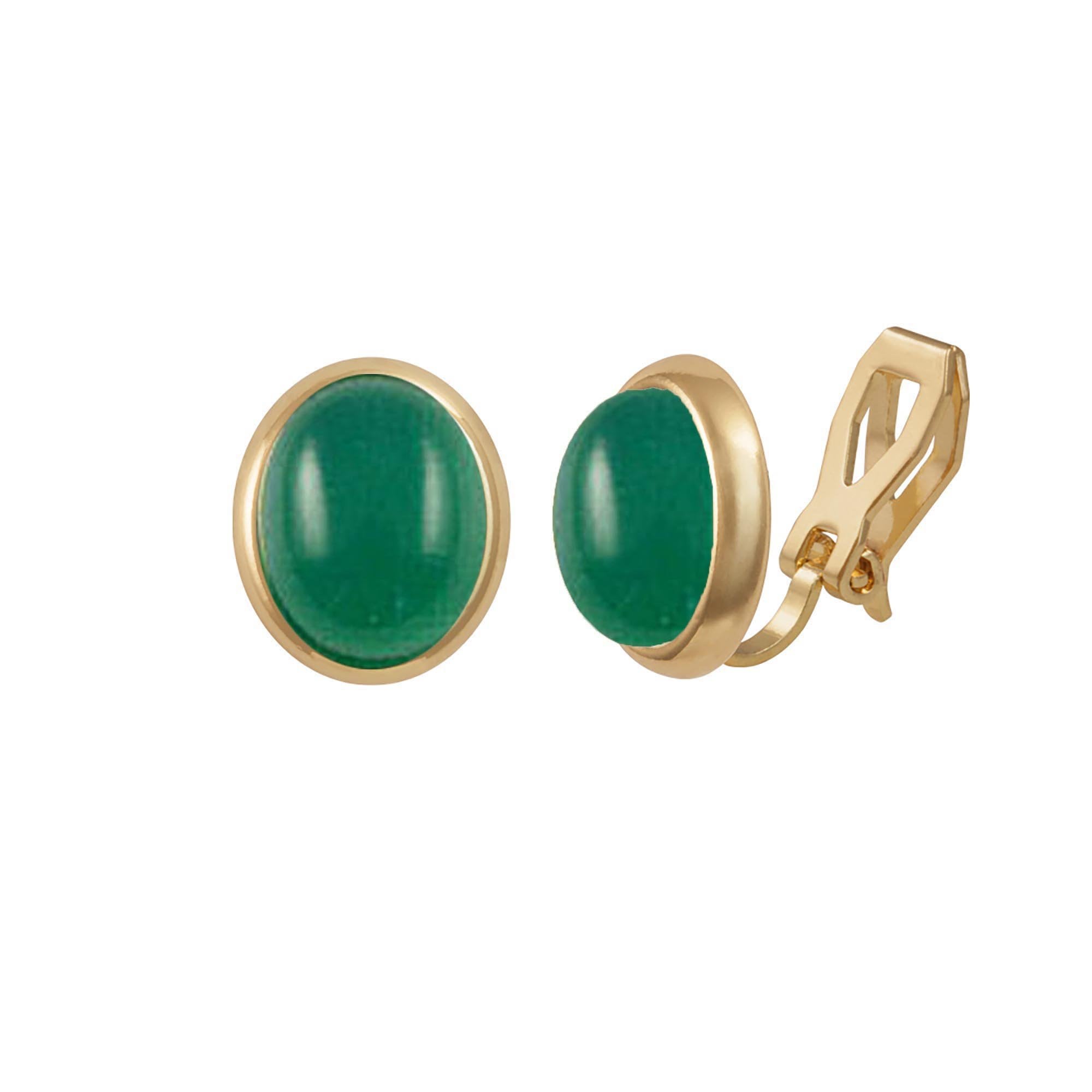 Minuet Green Agate Gold Tone Stud Clip On Earrings